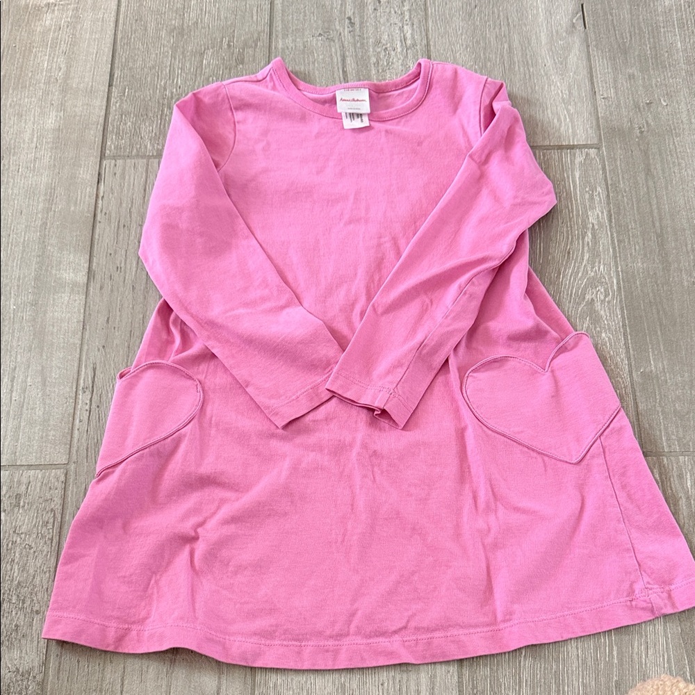 Hanna Andersson Pink Long Sleeve Kids Dress with Heart Pockets, Size 5